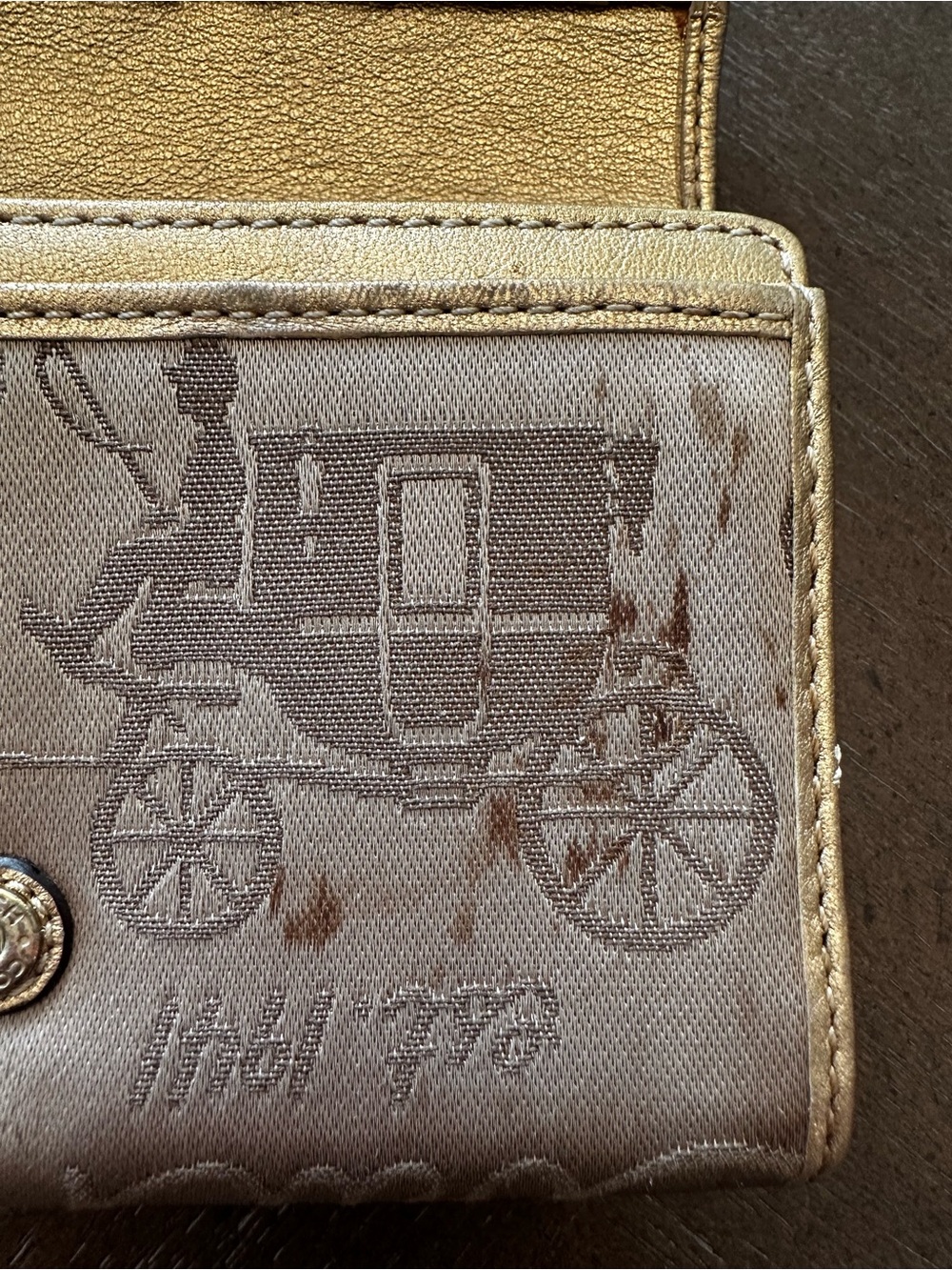 Coach Horse and Carriage fabric and metallic gold leather trim trifold wallet - Picture 11 of 16